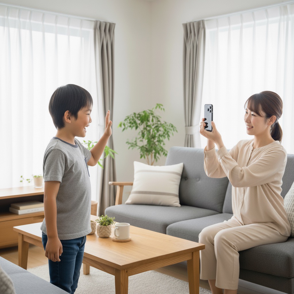 家庭で子どもを撮影する親のイメージ